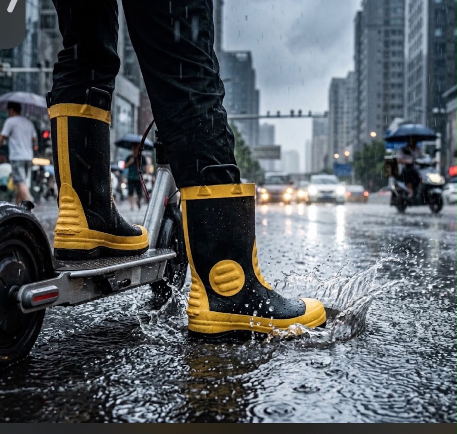 Yağmurlu şehir caddesinde scooter üzerinde Motobot botları