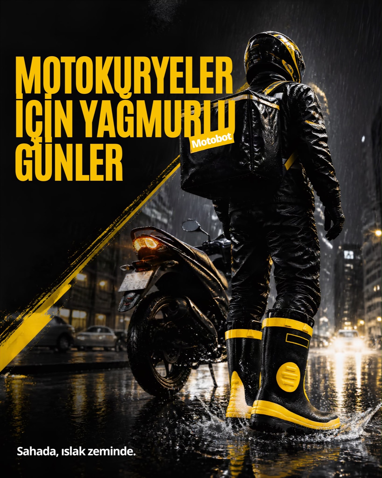 Gece yağmurunda motokurye